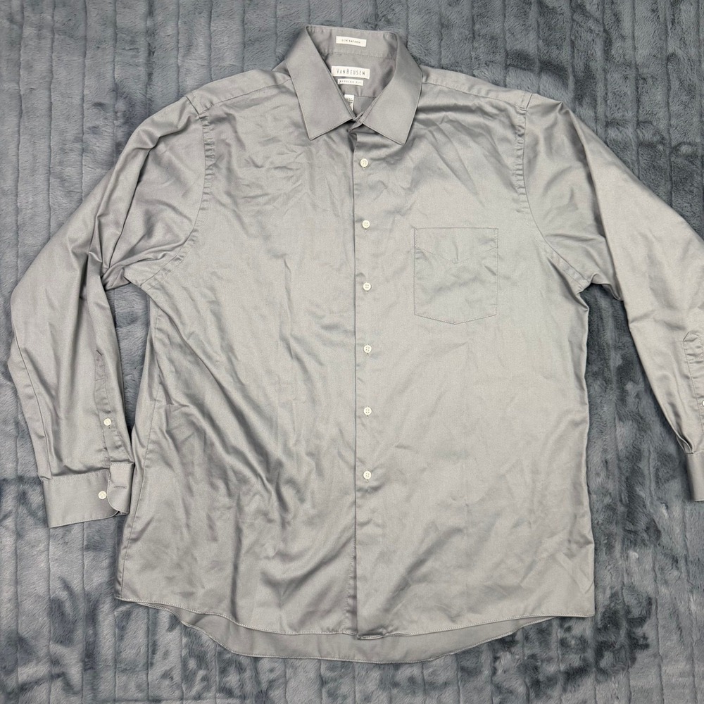 Van Heusen Lux Sateen Dress Shirt Mens 17.5 34/35 Gray Regular Fit Wrinkle Free